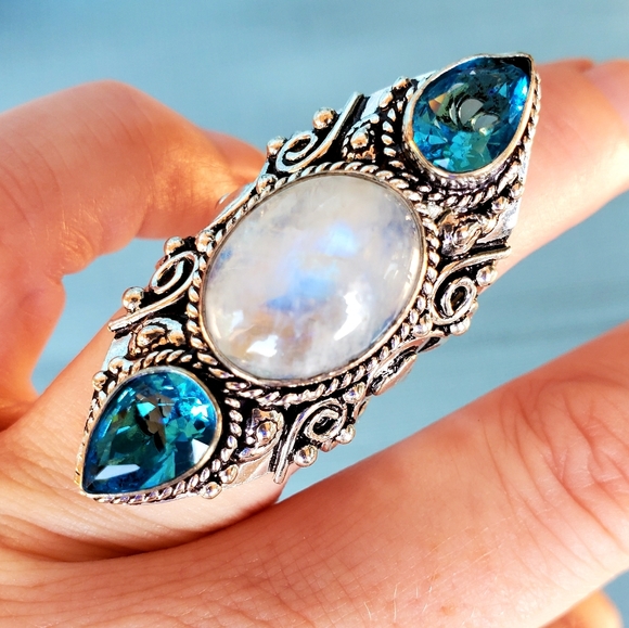 New Rainbow Moonstone & Blue Topaz 925 Silver Statement Ring. - Picture 2 of 15